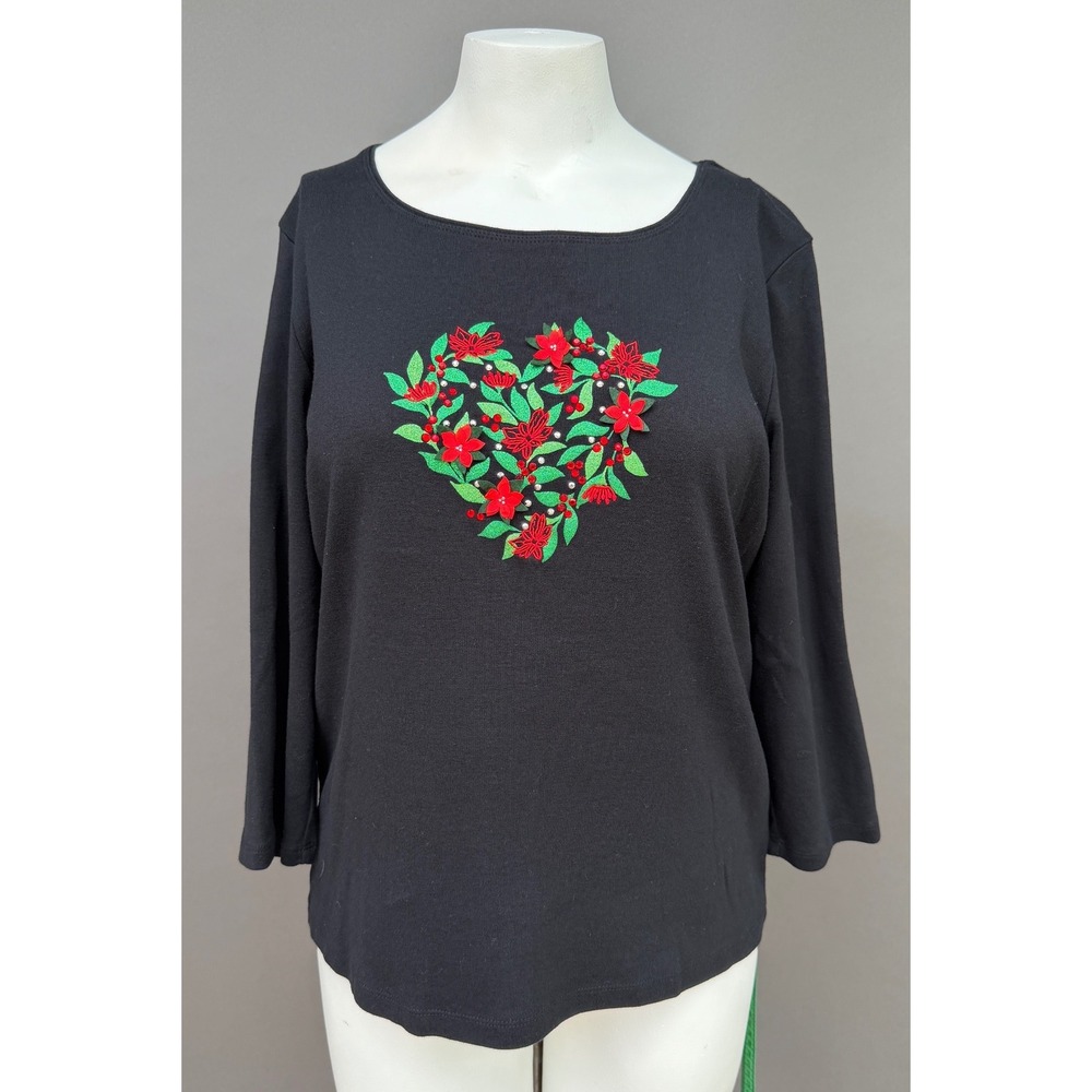 Karen Scott Top Large Black Floral Heart Studded Christmas Holiday 3/4 Sleeve